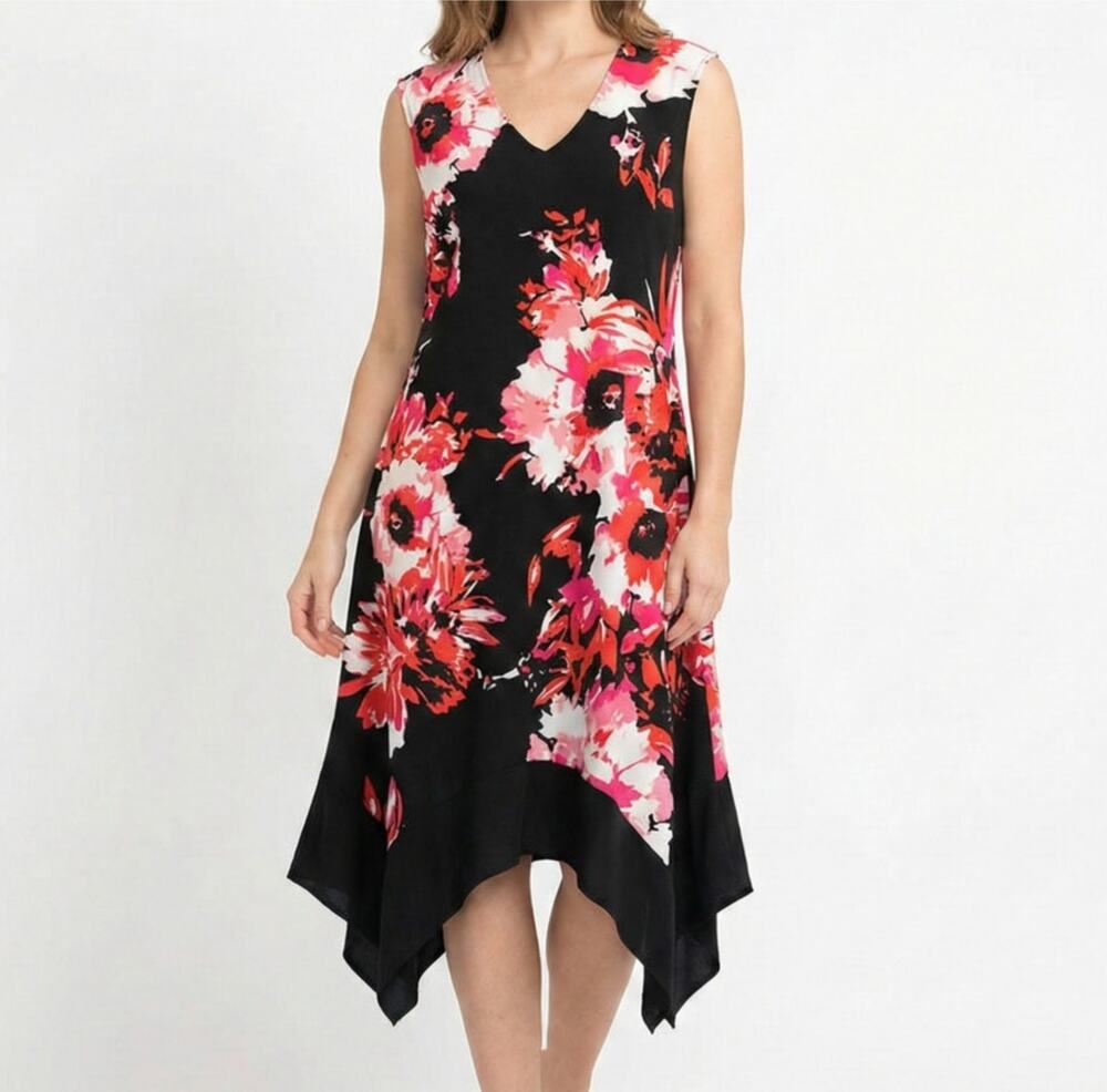 Luxology Womens 8 Sleeveless Trapeze Hem Black Red White Floral Polyester